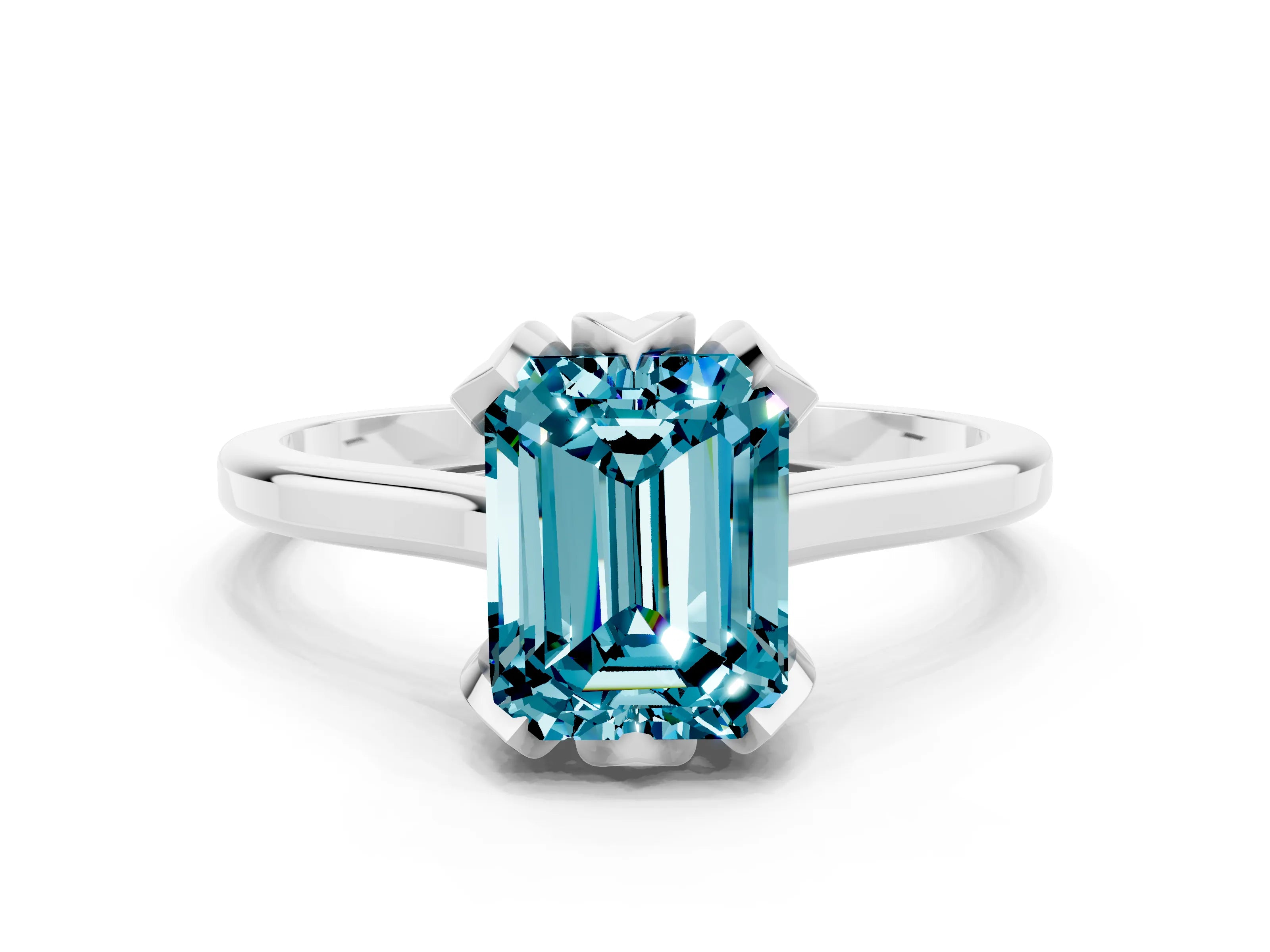 White gold Emerald Cut Blue Topaz Solitaire Ring with Flower Prong Setting and Classic Band_12