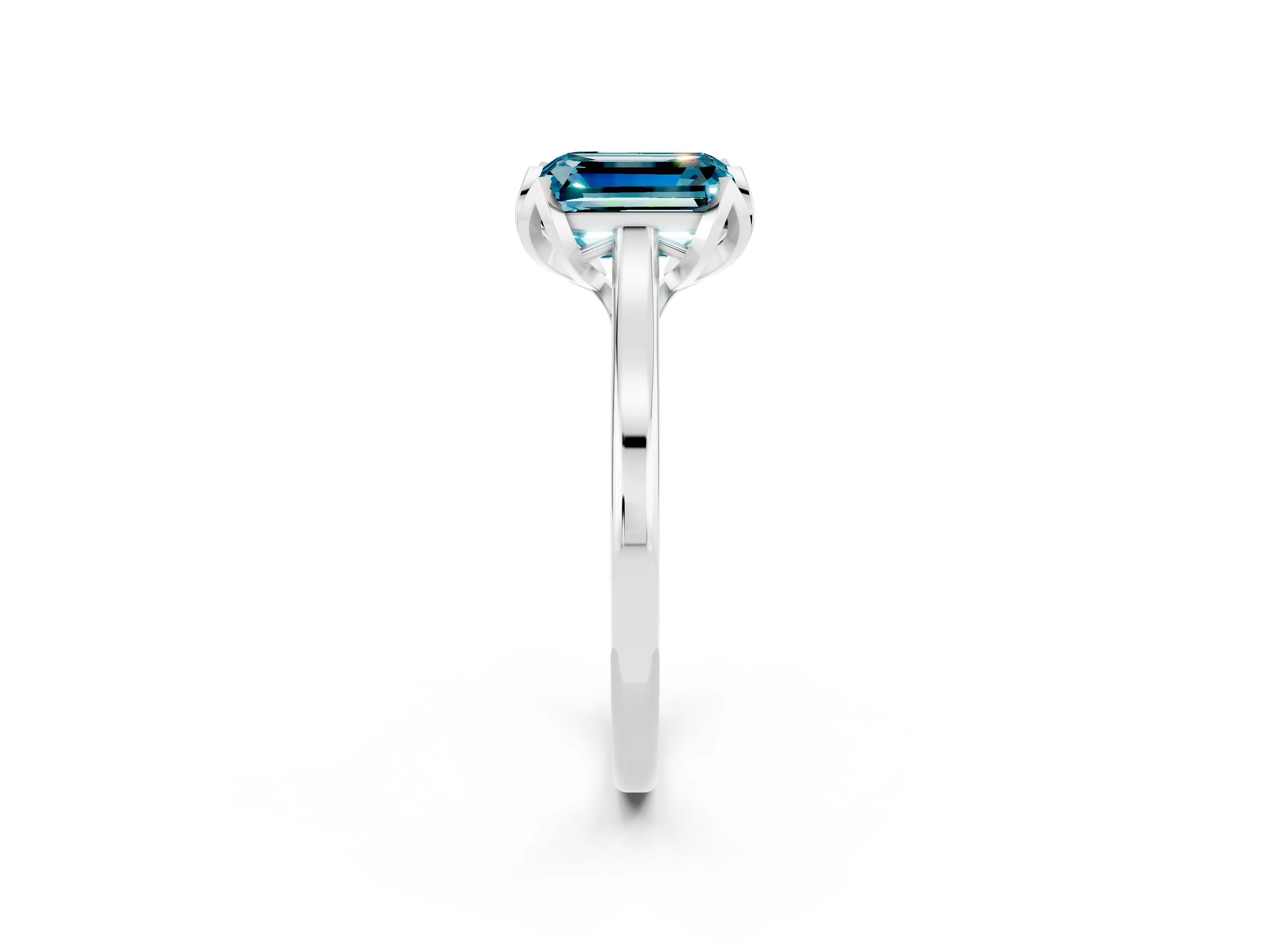 White gold Emerald Cut Blue Topaz Solitaire Ring with Flower Prong Setting and Classic Band_14