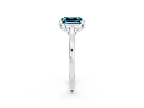 White gold Emerald Cut Blue Topaz Solitaire Ring with Flower Prong Setting and Classic Band