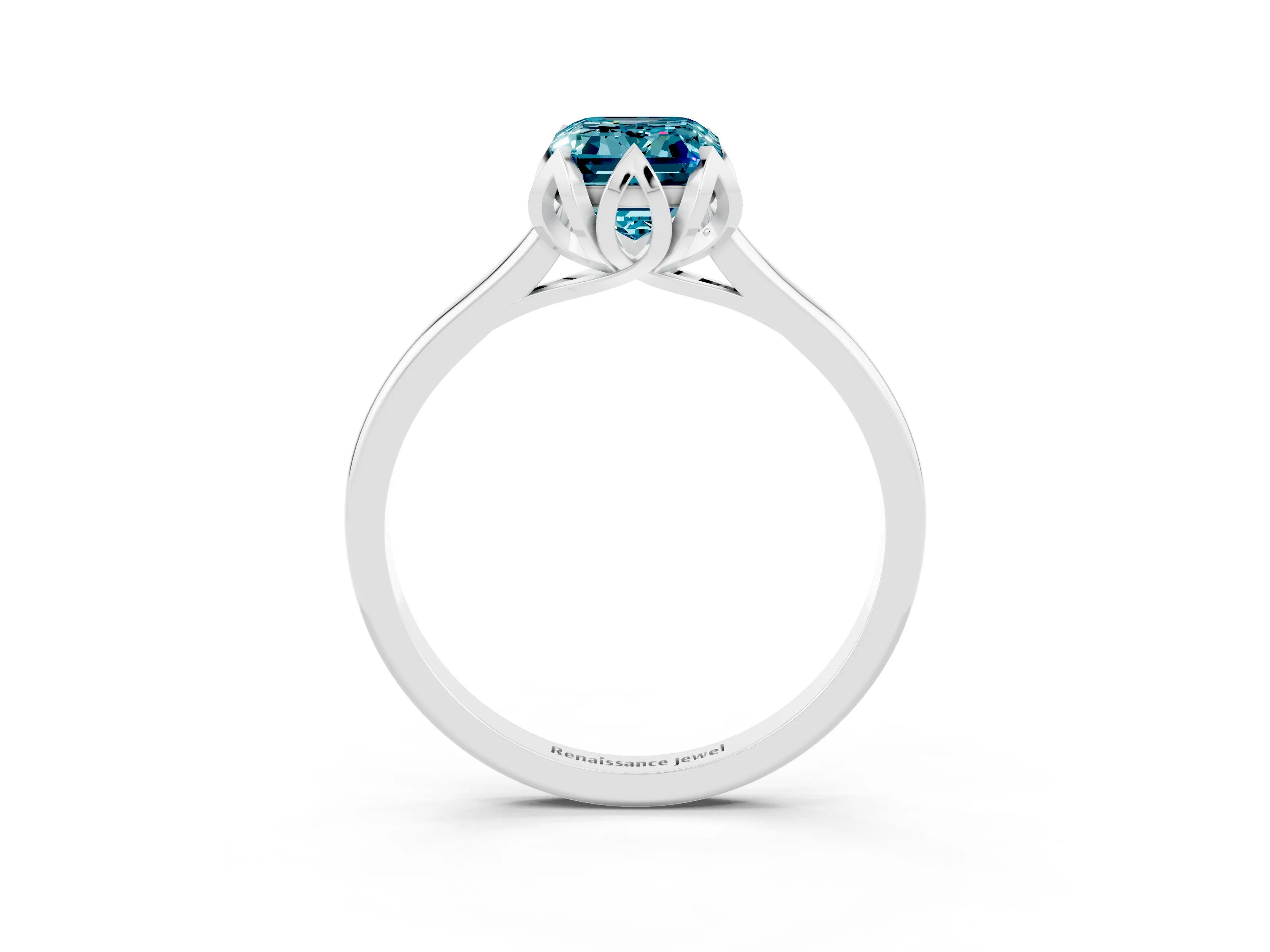 White gold Emerald Cut Blue Topaz Solitaire Ring with Flower Prong Setting and Classic Band_15