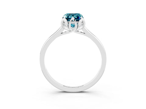 White gold Emerald Cut Blue Topaz Solitaire Ring with Flower Prong Setting and Classic Band_15