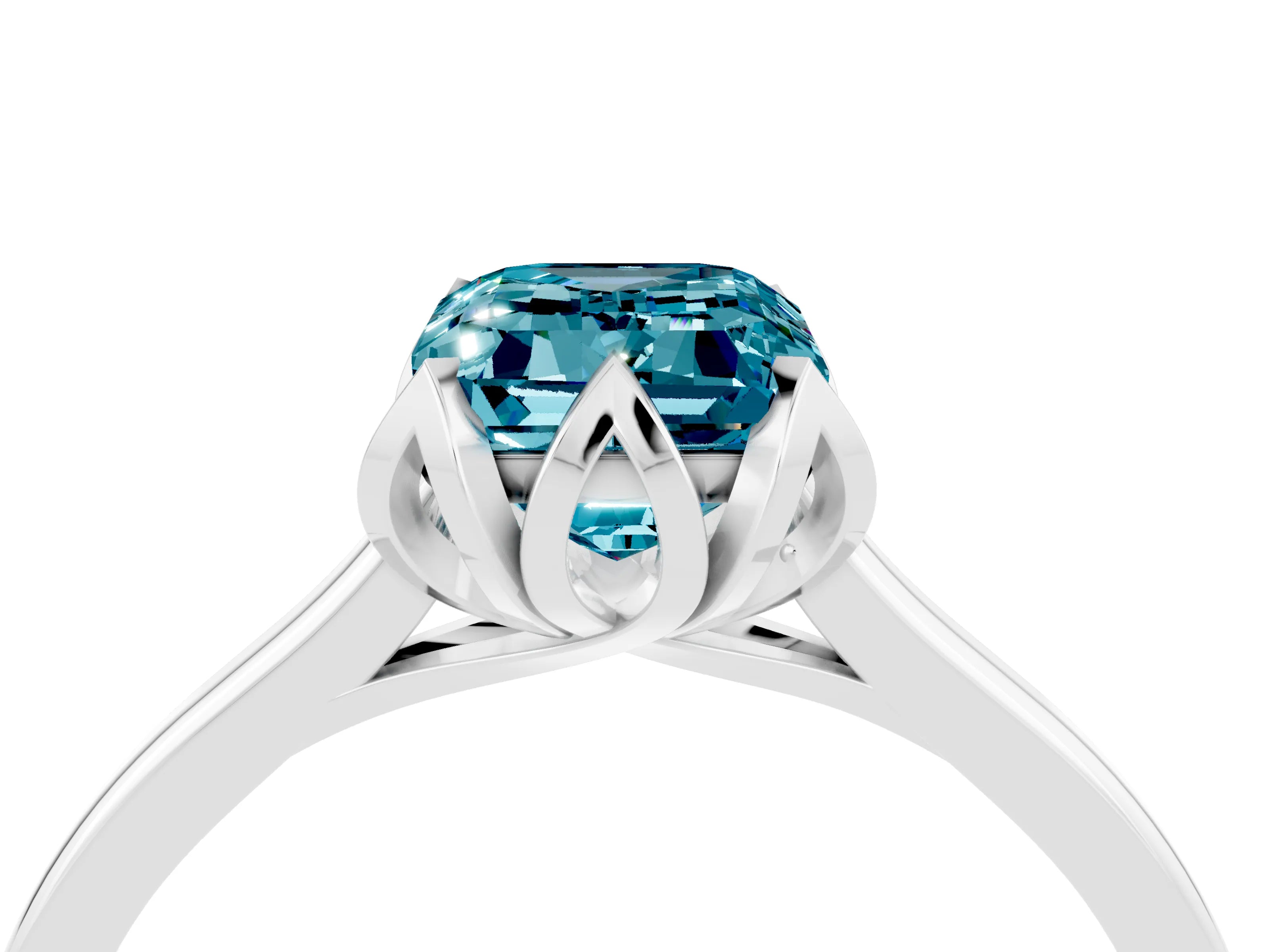 White gold Emerald Cut Blue Topaz Solitaire Ring with Flower Prong Setting and Classic Band_16