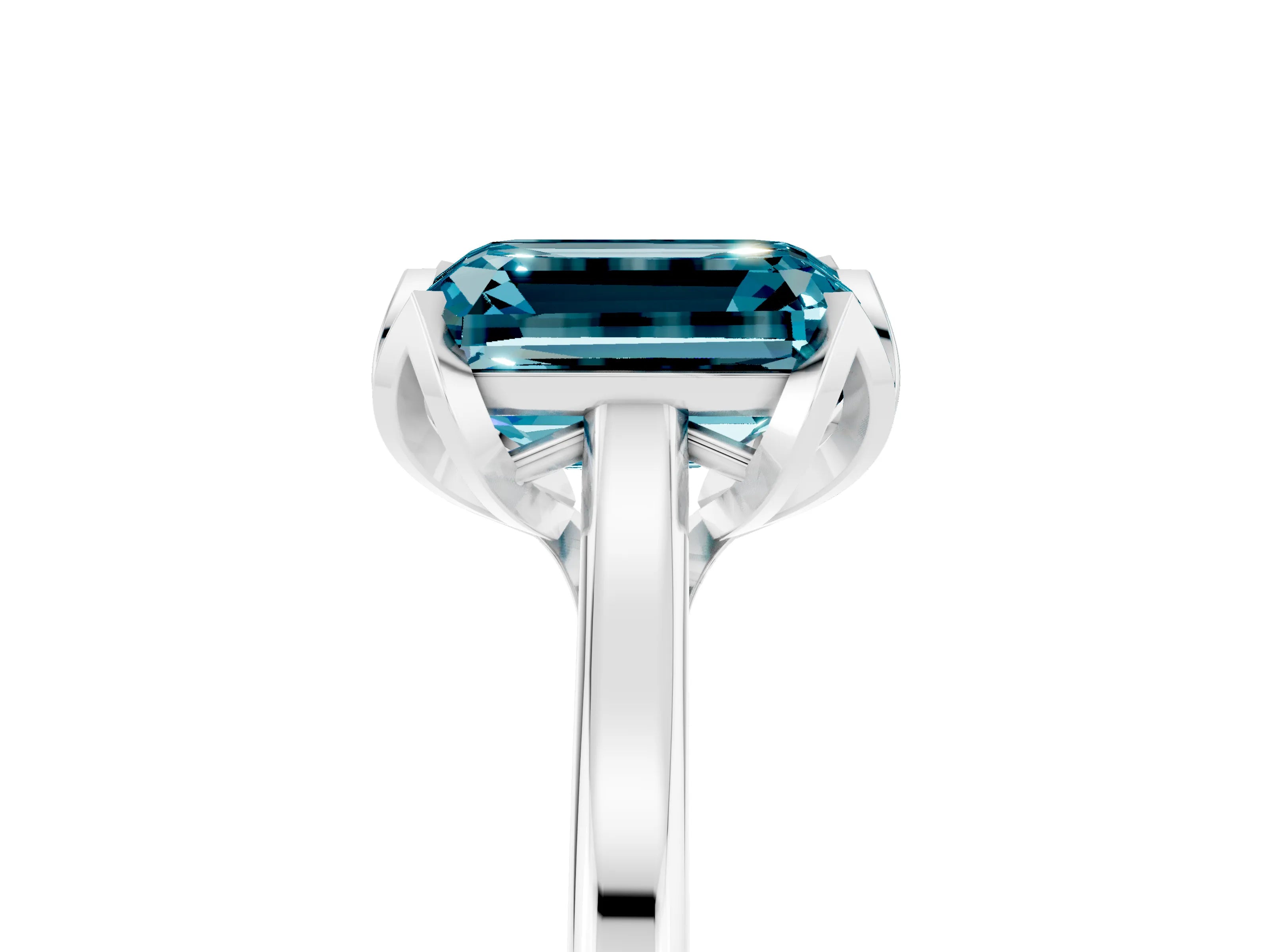White gold Emerald Cut Blue Topaz Solitaire Ring with Flower Prong Setting and Classic Band_17