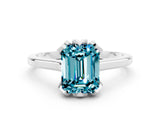 White gold Emerald Cut Blue Topaz Solitaire Ring with Flower Prong Setting and Classic Band_37