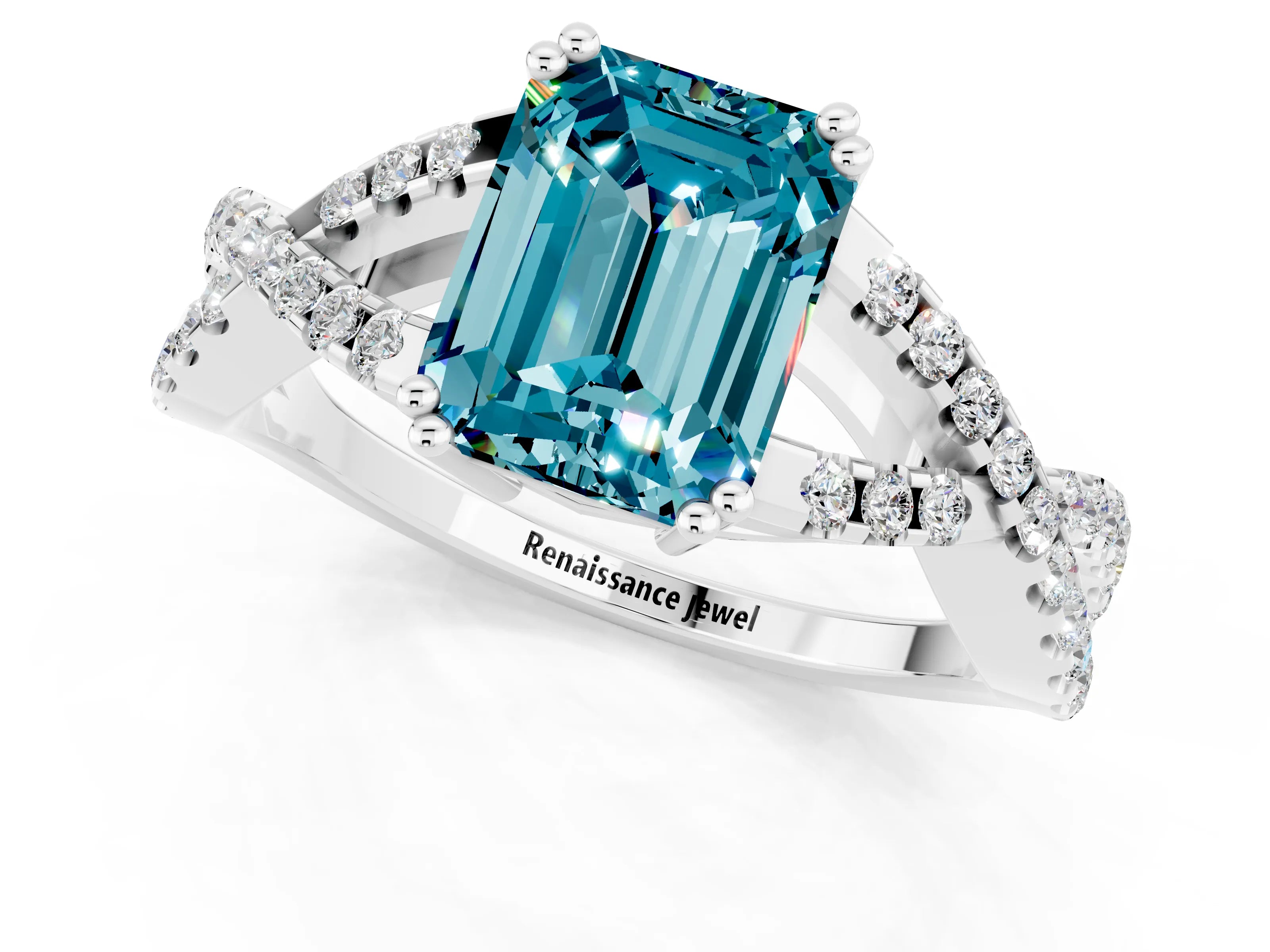 White gold Emerald Cut Blue Topaz Solitaire Ring with Four-Prong Setting and Twisted Pavé Band_1
