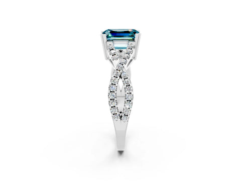 White gold Emerald Cut Blue Topaz Solitaire Ring with Four-Prong Setting and Twisted Pavé Band_2