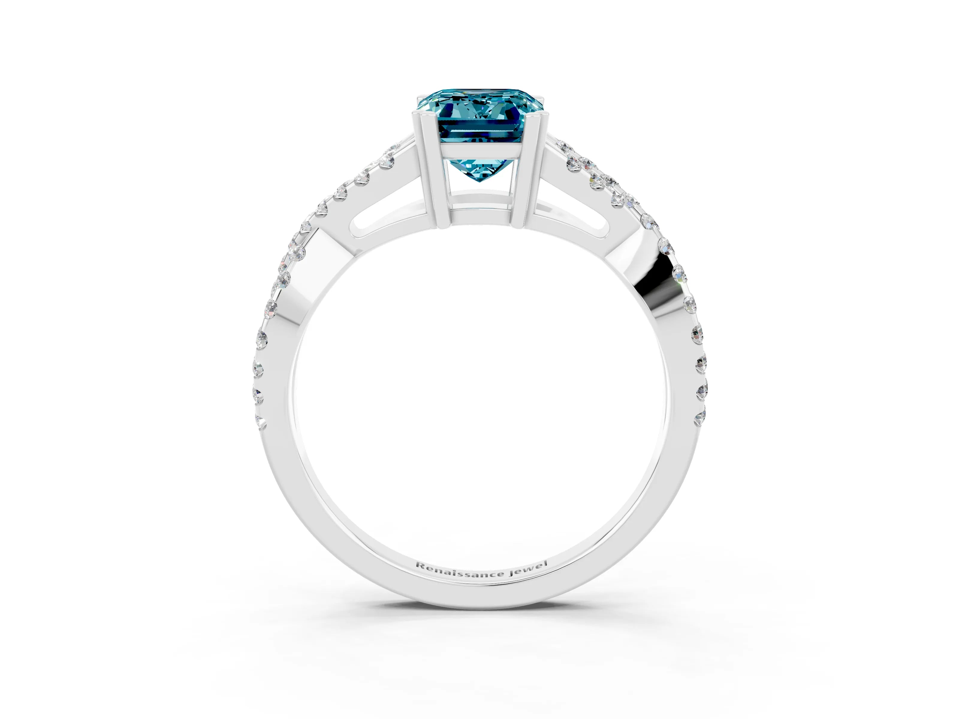 White gold Emerald Cut Blue Topaz Solitaire Ring with Four-Prong Setting and Twisted Pavé Band_3