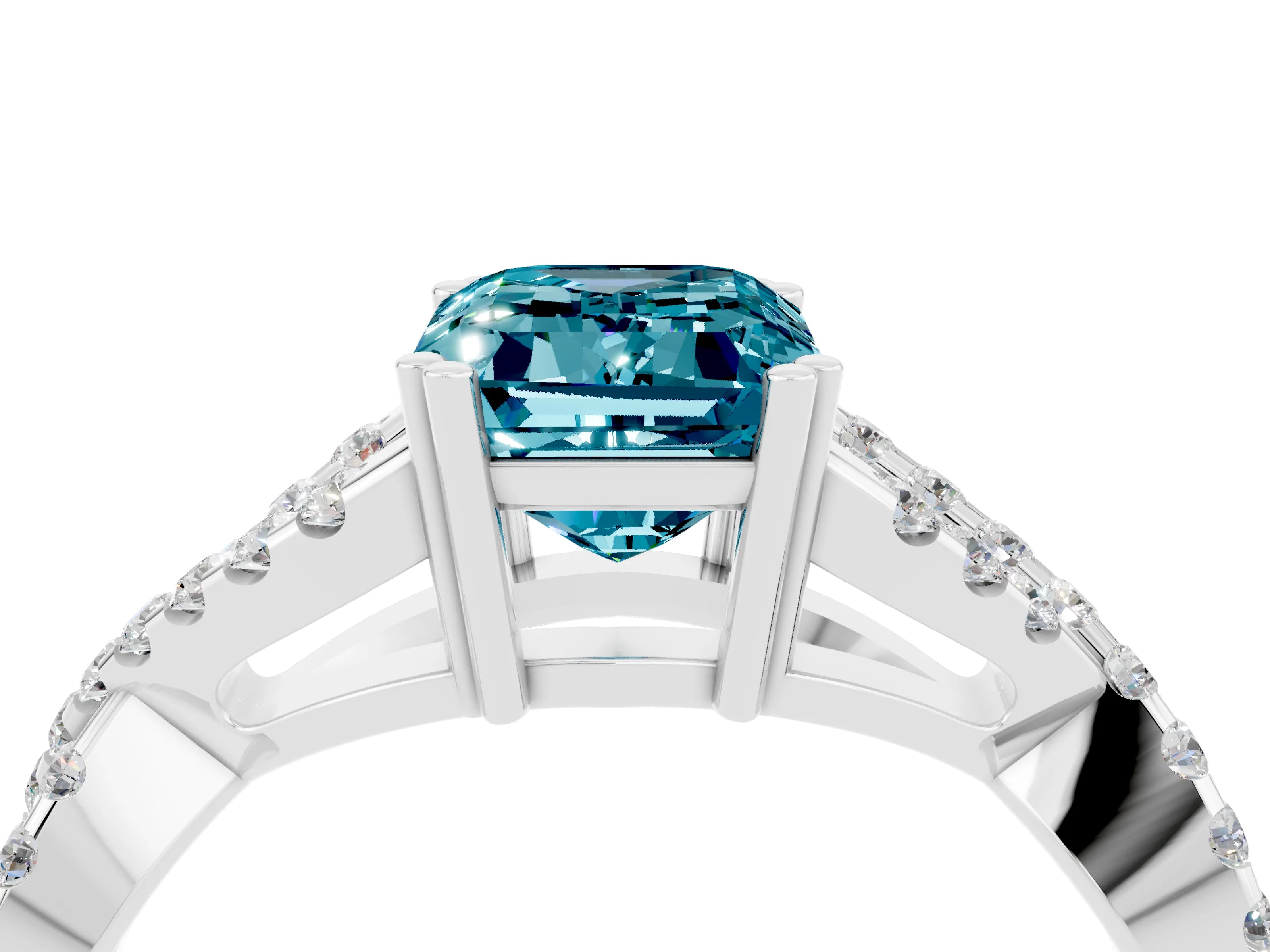 White gold Emerald Cut Blue Topaz Solitaire Ring with Four-Prong Setting and Twisted Pavé Band_4
