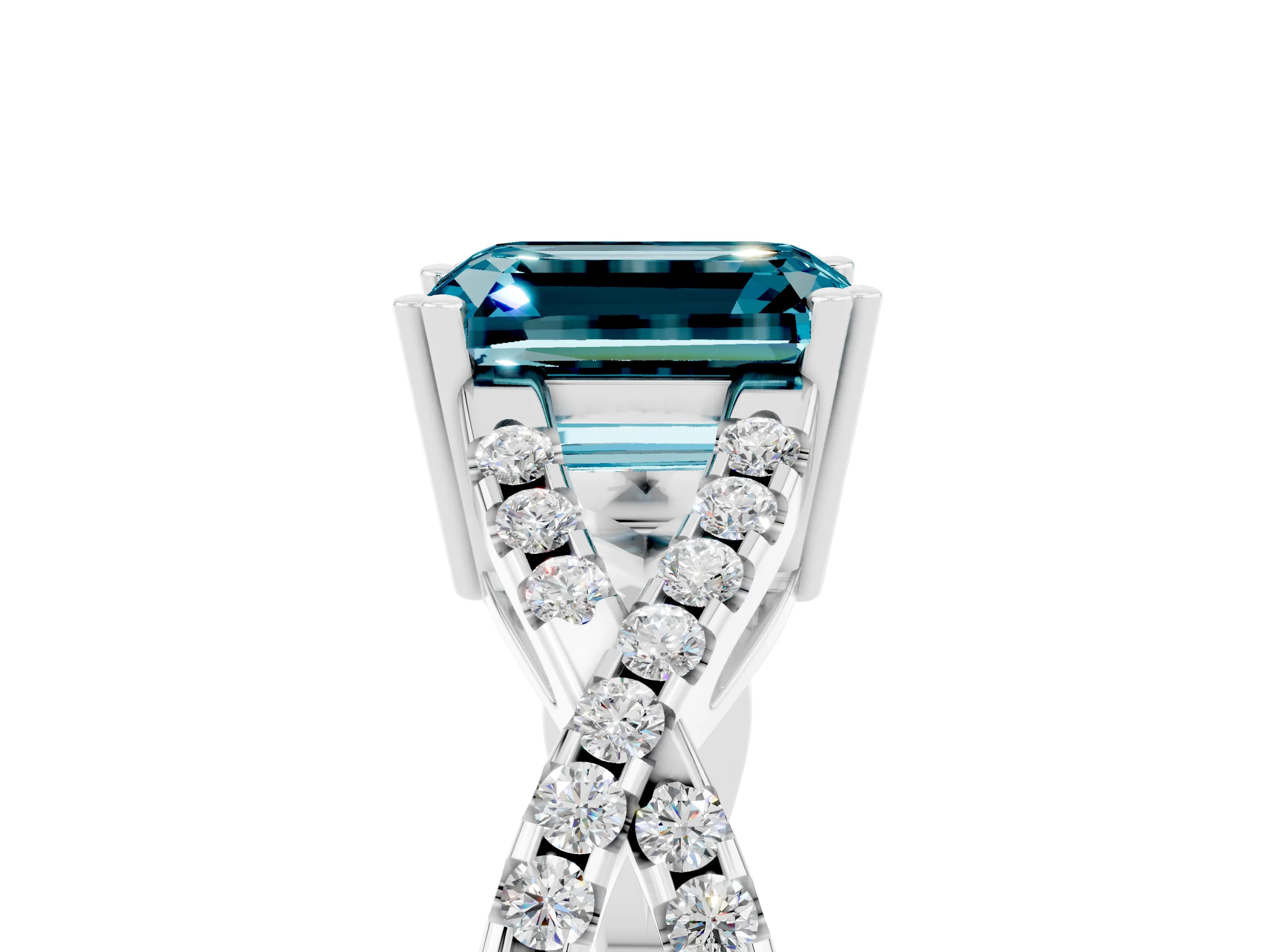 White gold Emerald Cut Blue Topaz Solitaire Ring with Four-Prong Setting and Twisted Pavé Band_5