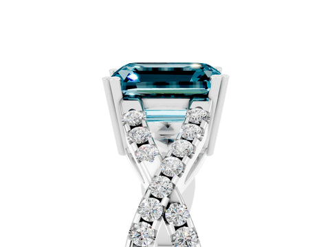 White gold Emerald Cut Blue Topaz Solitaire Ring with Four-Prong Setting and Twisted Pavé Band_5