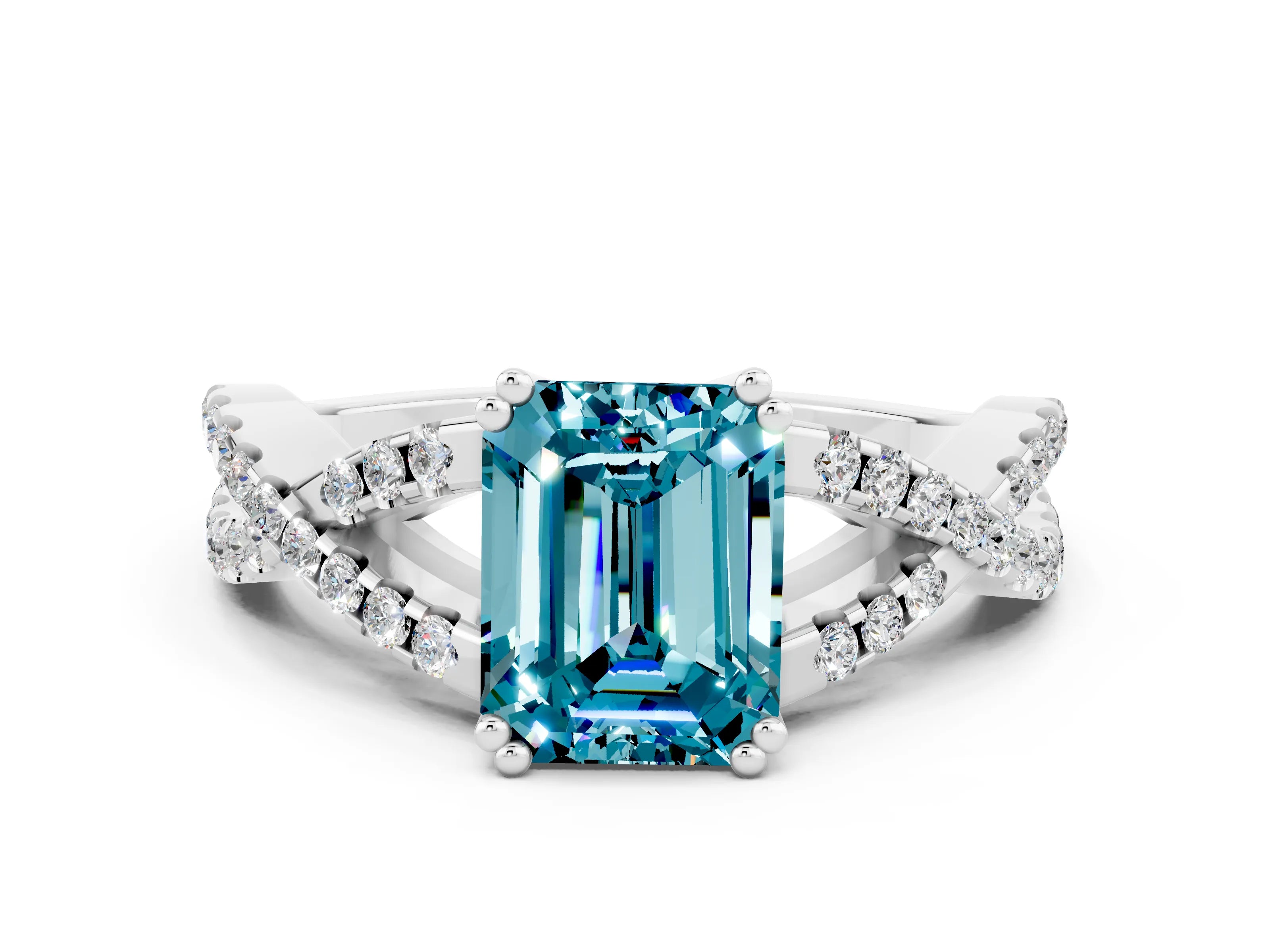 White gold Emerald Cut Blue Topaz Solitaire Ring with Four-Prong Setting and Twisted Pavé Band