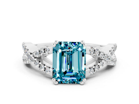 White gold Emerald Cut Blue Topaz Solitaire Ring with Four-Prong Setting and Twisted Pavé Band