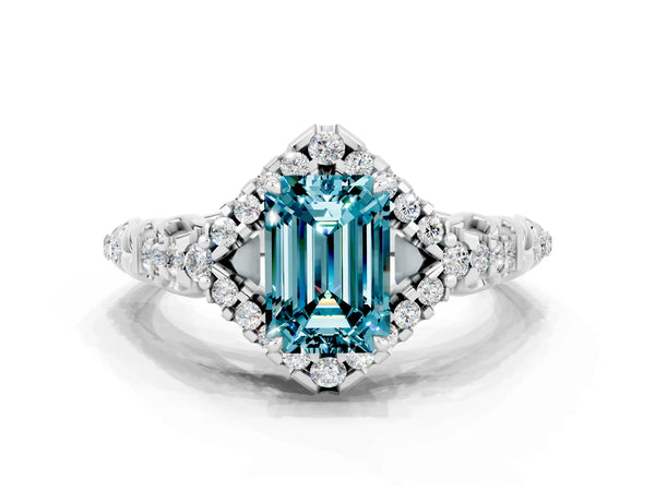 Platinum Emerald Cut Blue Topaz Solitaire Ring with Hidden Halo and Pavé Band
