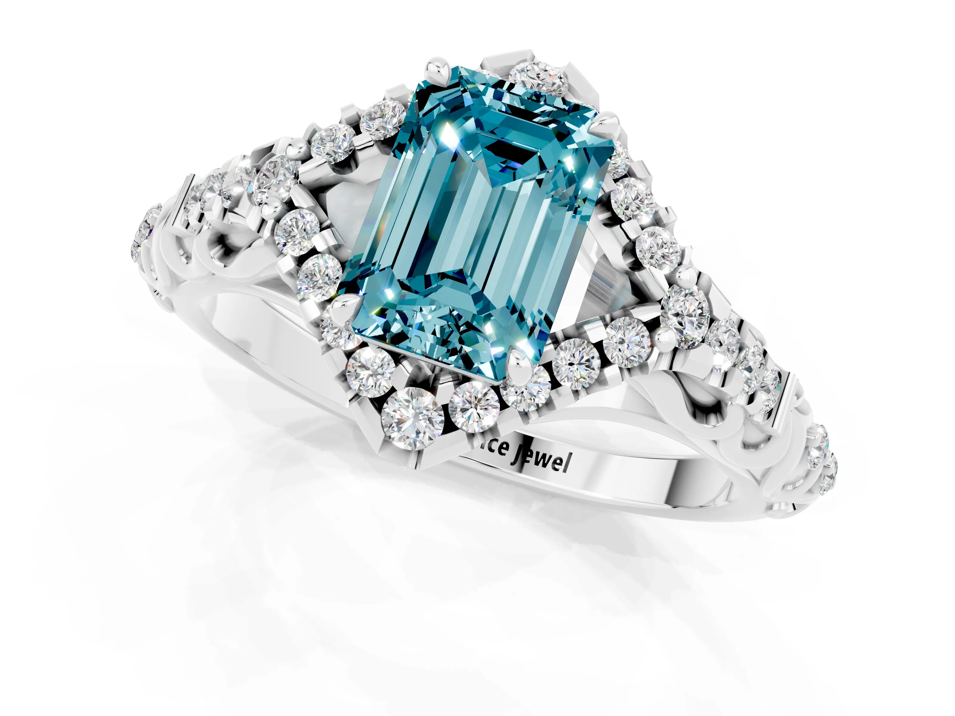 White gold Emerald Cut Blue Topaz Solitaire Ring with Hidden Halo and Pavé Band_13