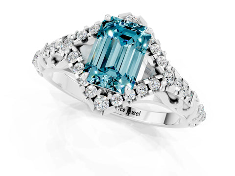 White gold Emerald Cut Blue Topaz Solitaire Ring with Hidden Halo and Pavé Band_13