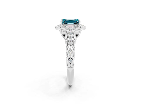 White gold Emerald Cut Blue Topaz Solitaire Ring with Hidden Halo and Pavé Band_14