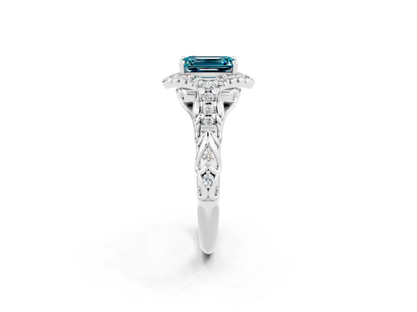 Silver Emerald Cut Blue Topaz Solitaire Ring with Hidden Halo and Pavé Band