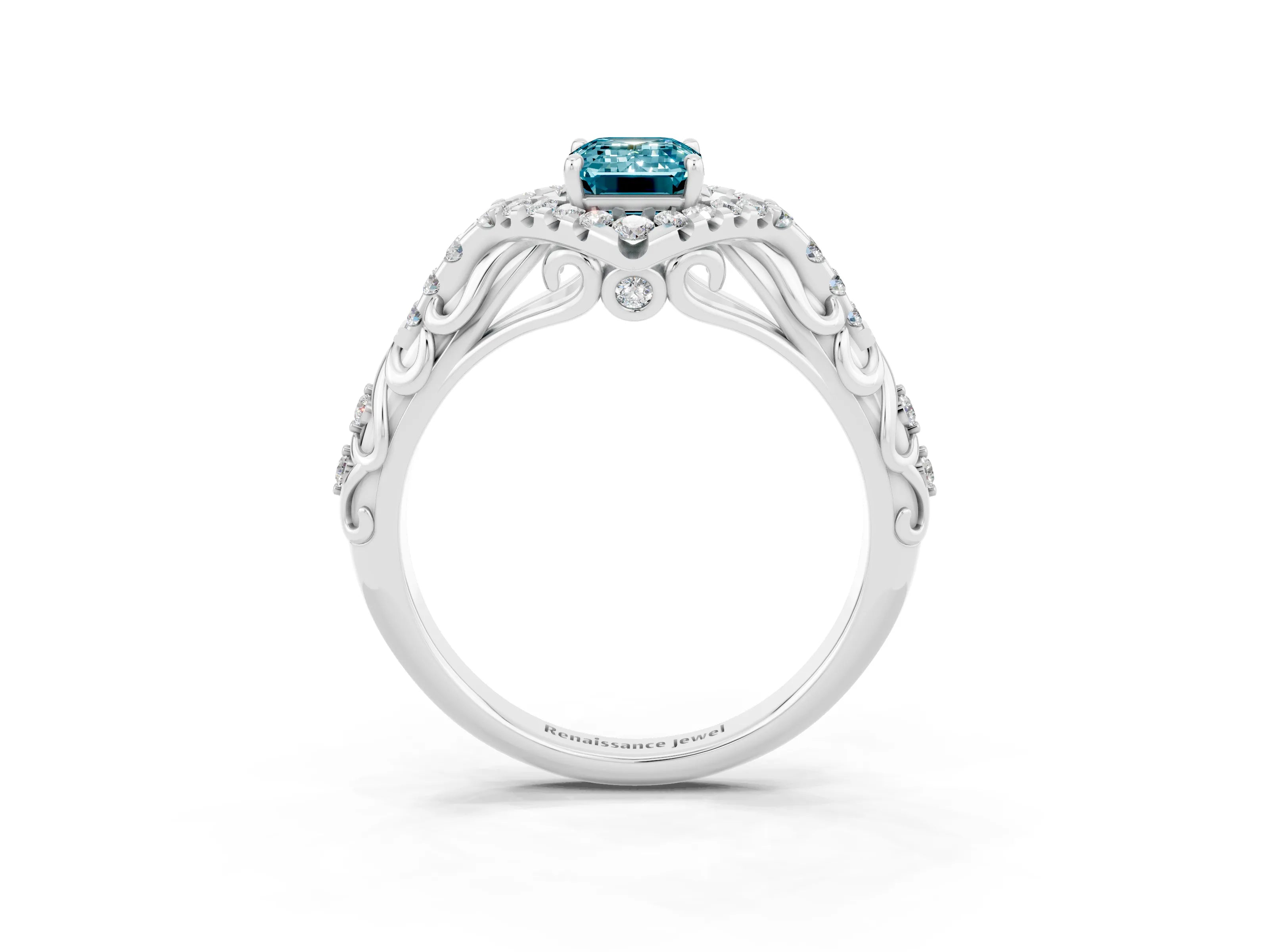 White gold Emerald Cut Blue Topaz Solitaire Ring with Hidden Halo and Pavé Band_15