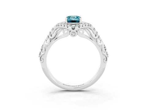 White gold Emerald Cut Blue Topaz Solitaire Ring with Hidden Halo and Pavé Band_15