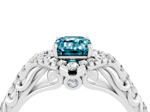 White gold Emerald Cut Blue Topaz Solitaire Ring with Hidden Halo and Pavé Band_16