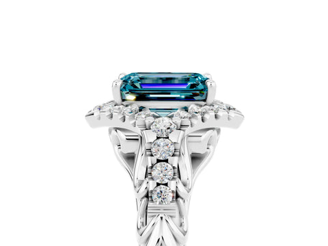 White gold Emerald Cut Blue Topaz Solitaire Ring with Hidden Halo and Pavé Band_17