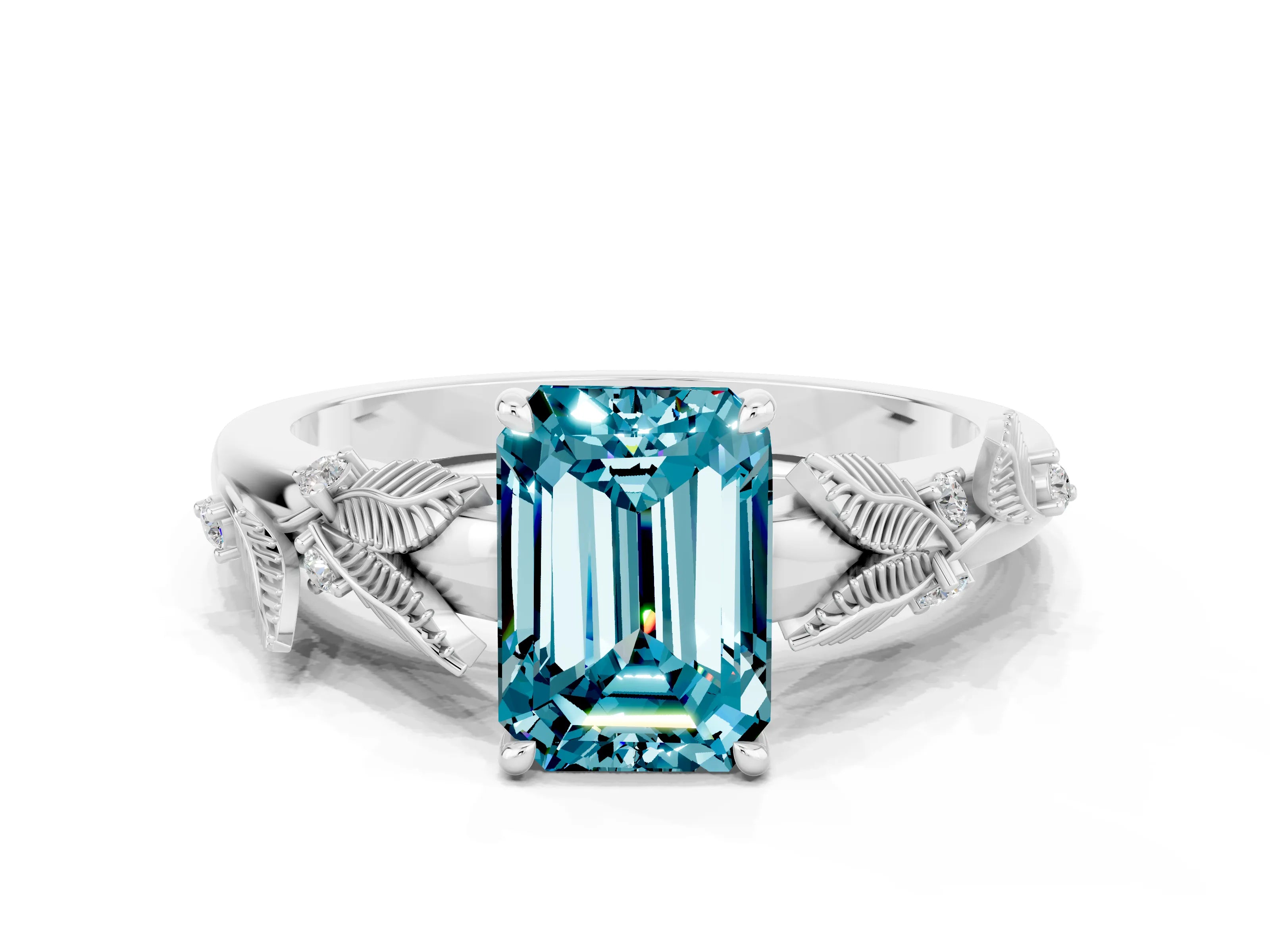 White gold Emerald Cut Blue Topaz Solitaire Ring with Leaf Motif Band and Four-Prong Setting