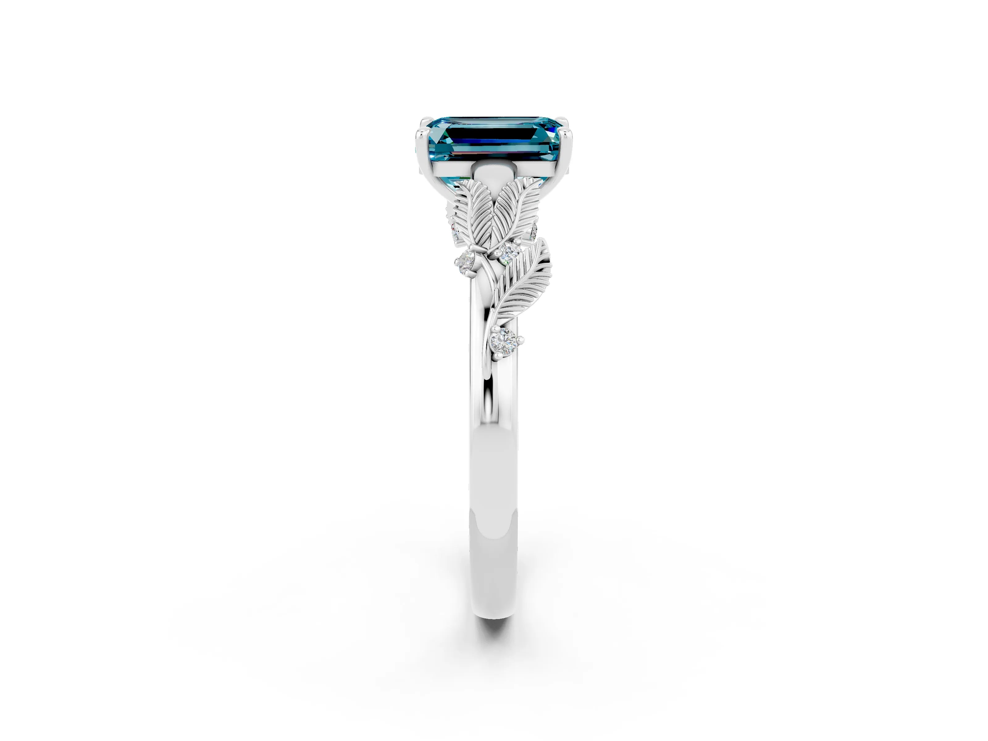 White gold Emerald Cut Blue Topaz Solitaire Ring with Leaf Motif Band and Four-Prong Setting_14