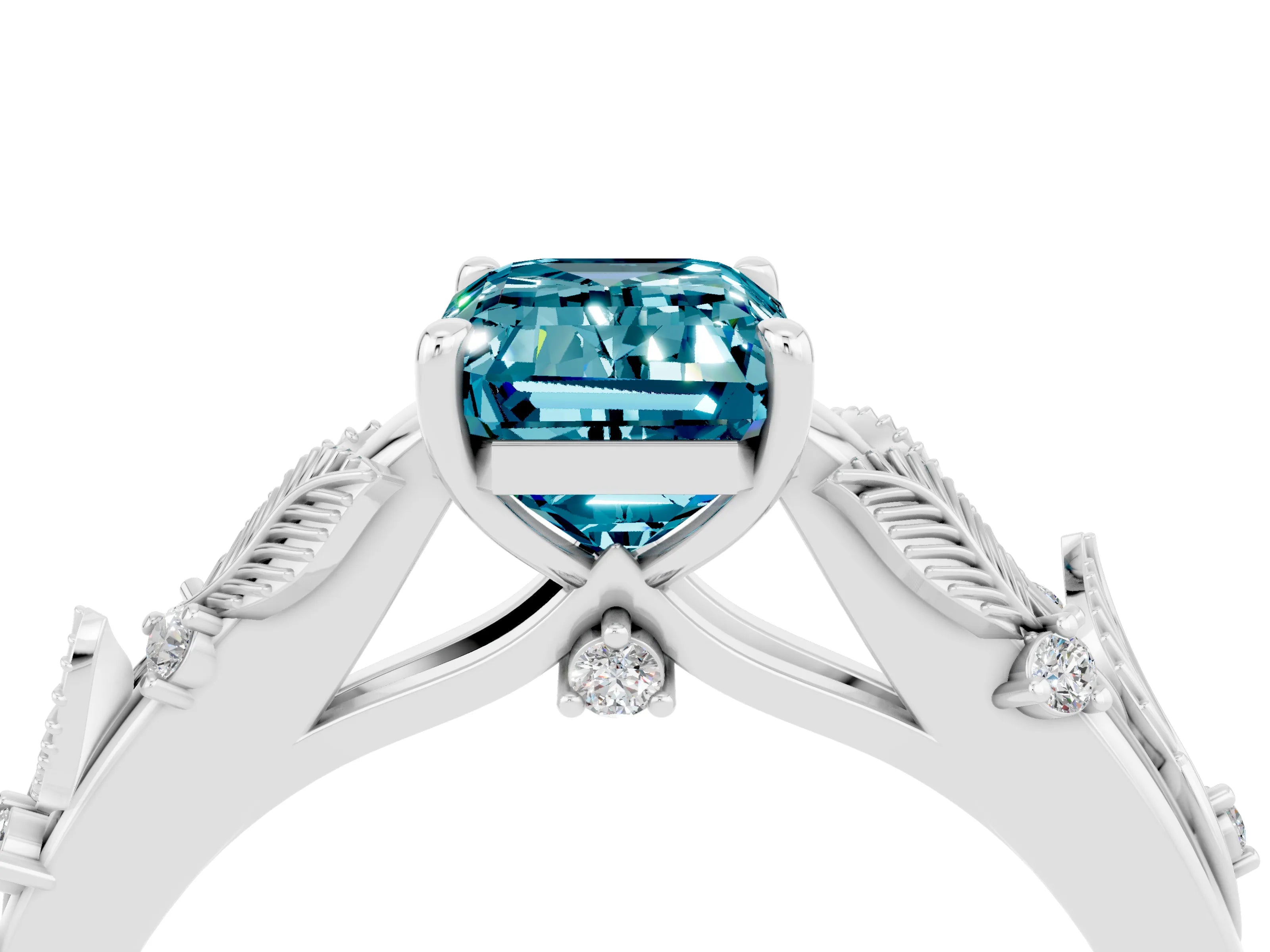 White gold Emerald Cut Blue Topaz Solitaire Ring with Leaf Motif Band and Four-Prong Setting_16