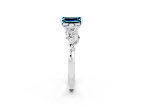 White gold Emerald Cut Blue Topaz Solitaire Ring with Leaf Motif Band and Four-Prong Setting_2