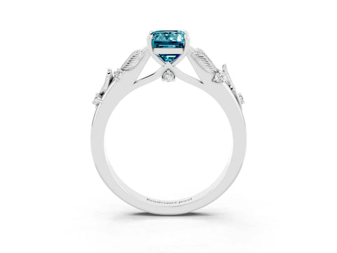 White gold Emerald Cut Blue Topaz Solitaire Ring with Leaf Motif Band and Four-Prong Setting_3