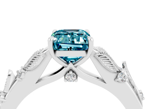 White gold Emerald Cut Blue Topaz Solitaire Ring with Leaf Motif Band and Four-Prong Setting_4