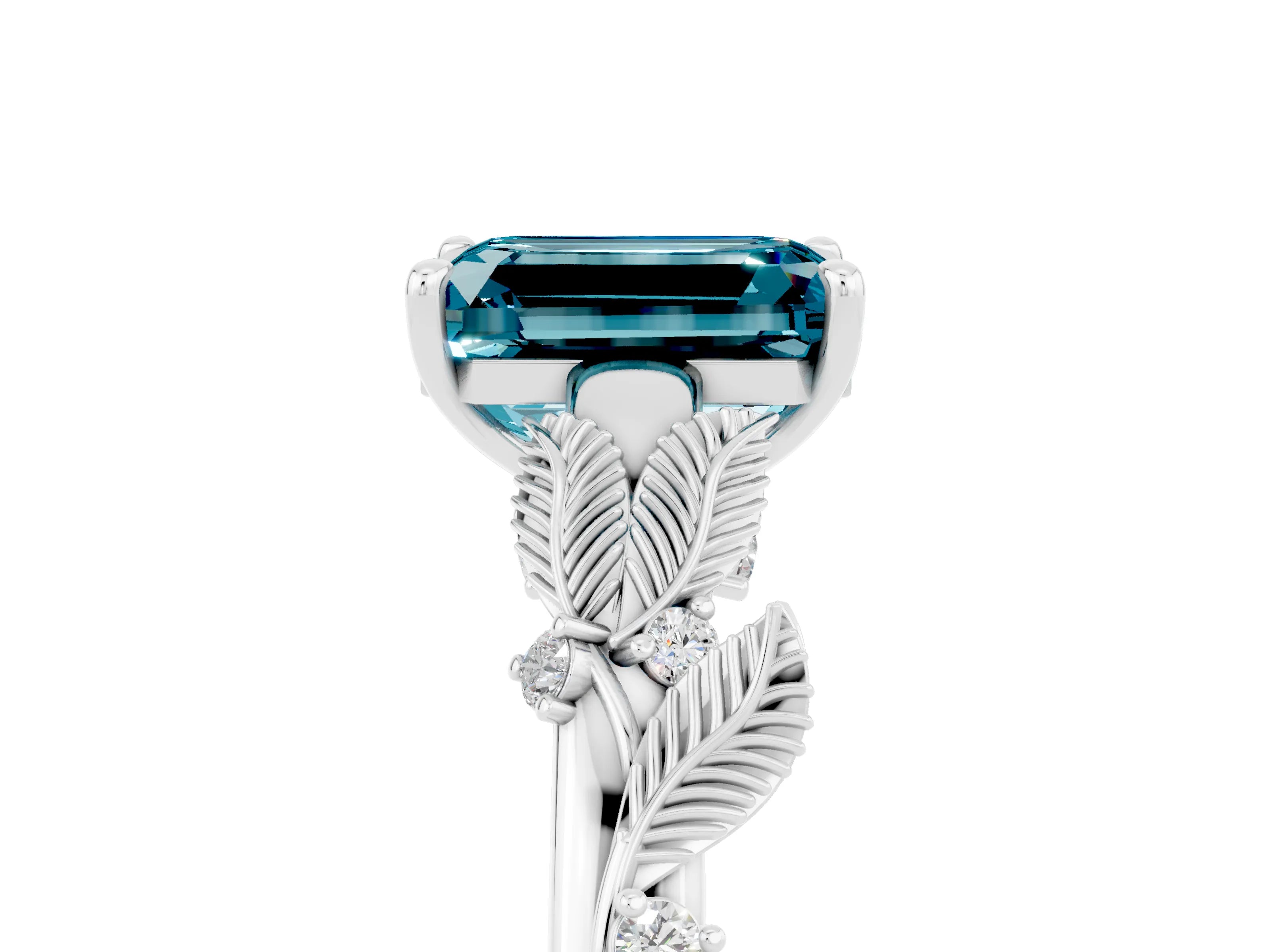 White gold Emerald Cut Blue Topaz Solitaire Ring with Leaf Motif Band and Four-Prong Setting_5