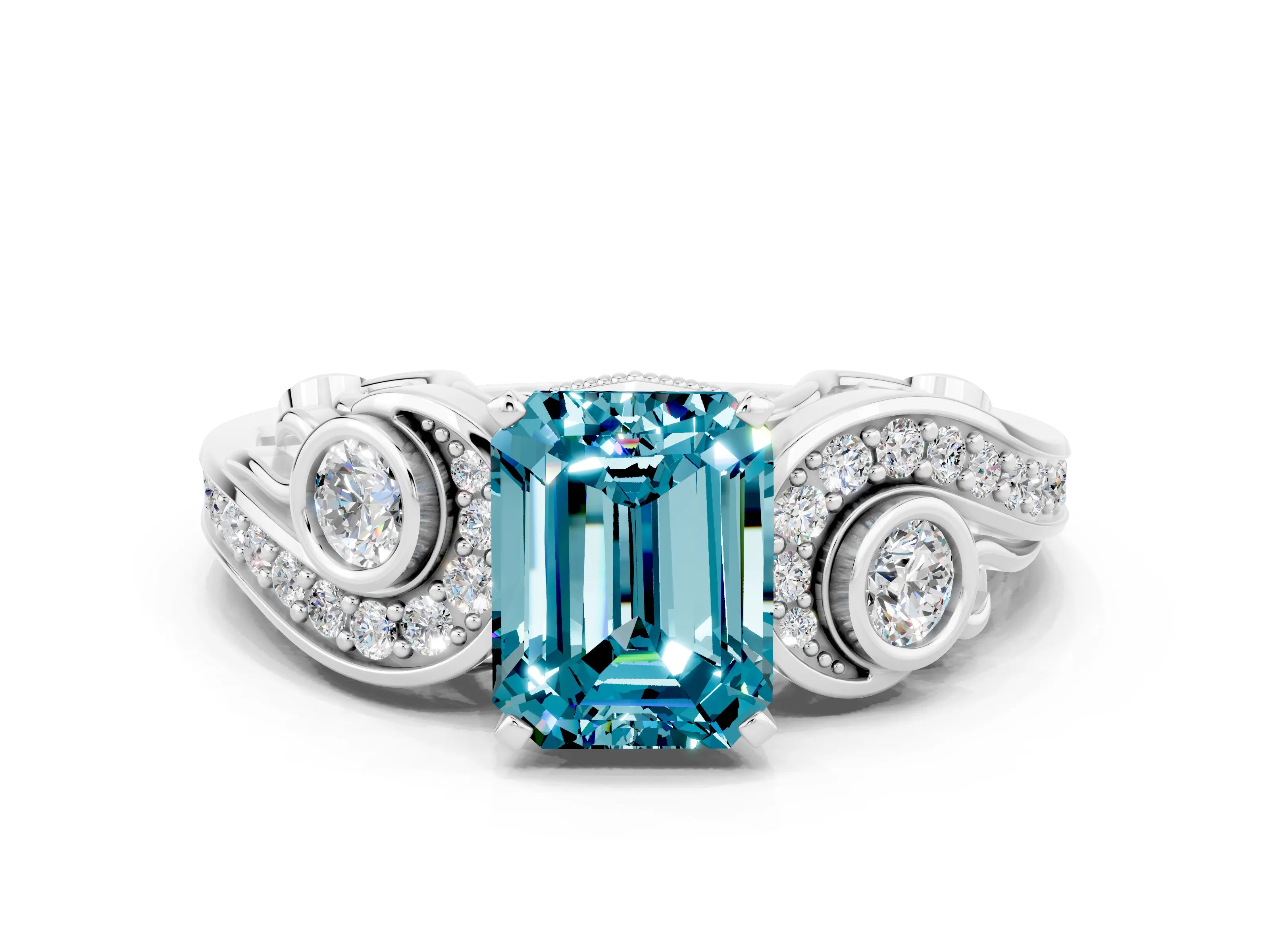 White gold Emerald Cut Blue Topaz Solitaire Ring with Milgrain Pavé Band and Four-Prong Setting_12