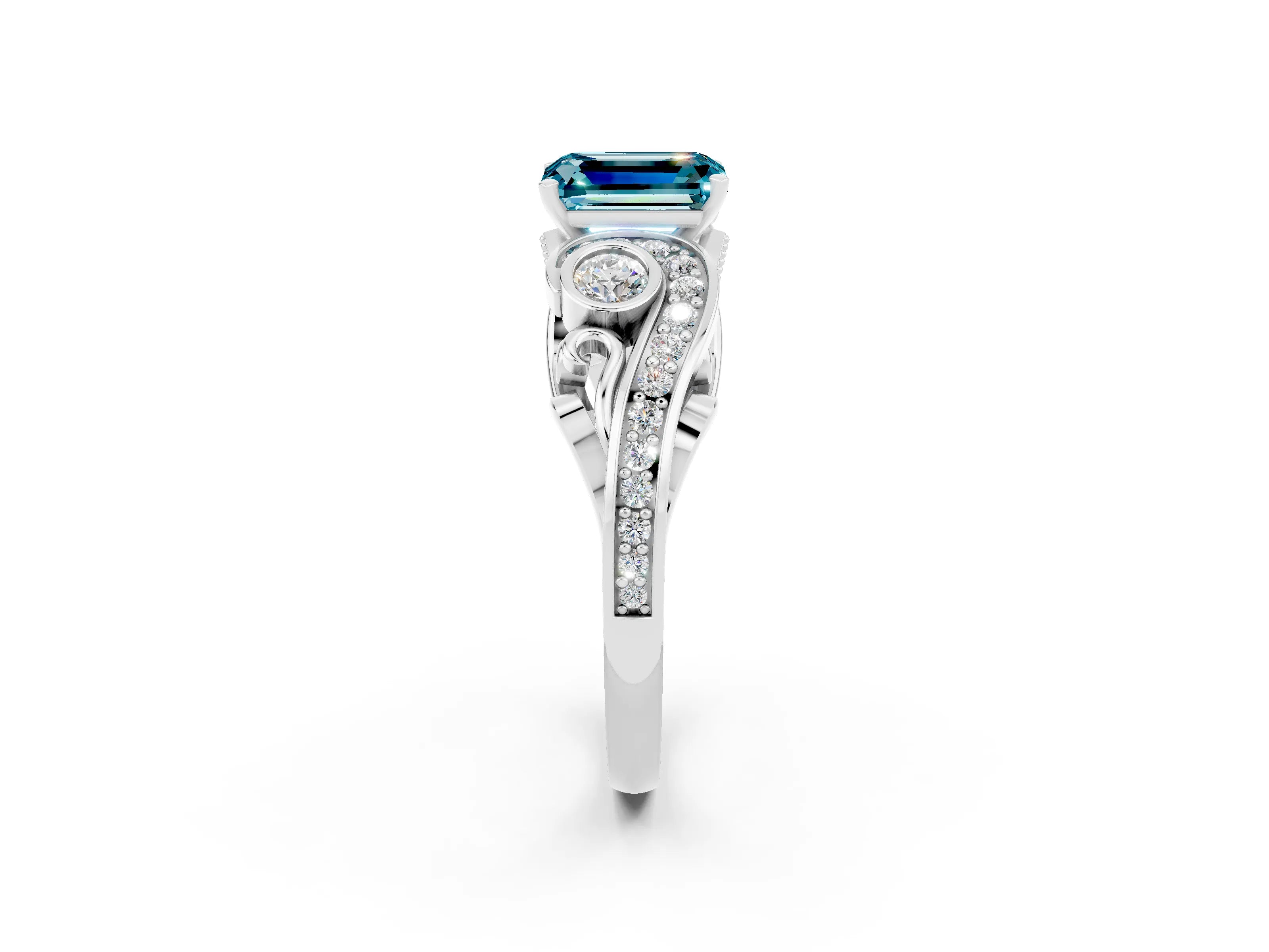 White gold Emerald Cut Blue Topaz Solitaire Ring with Milgrain Pavé Band and Four-Prong Setting_14