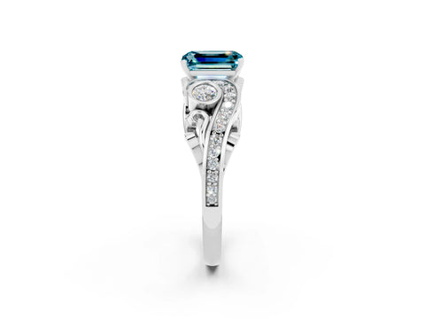 White gold Emerald Cut Blue Topaz Solitaire Ring with Milgrain Pavé Band and Four-Prong Setting_14