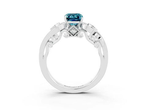 White gold Emerald Cut Blue Topaz Solitaire Ring with Milgrain Pavé Band and Four-Prong Setting_15