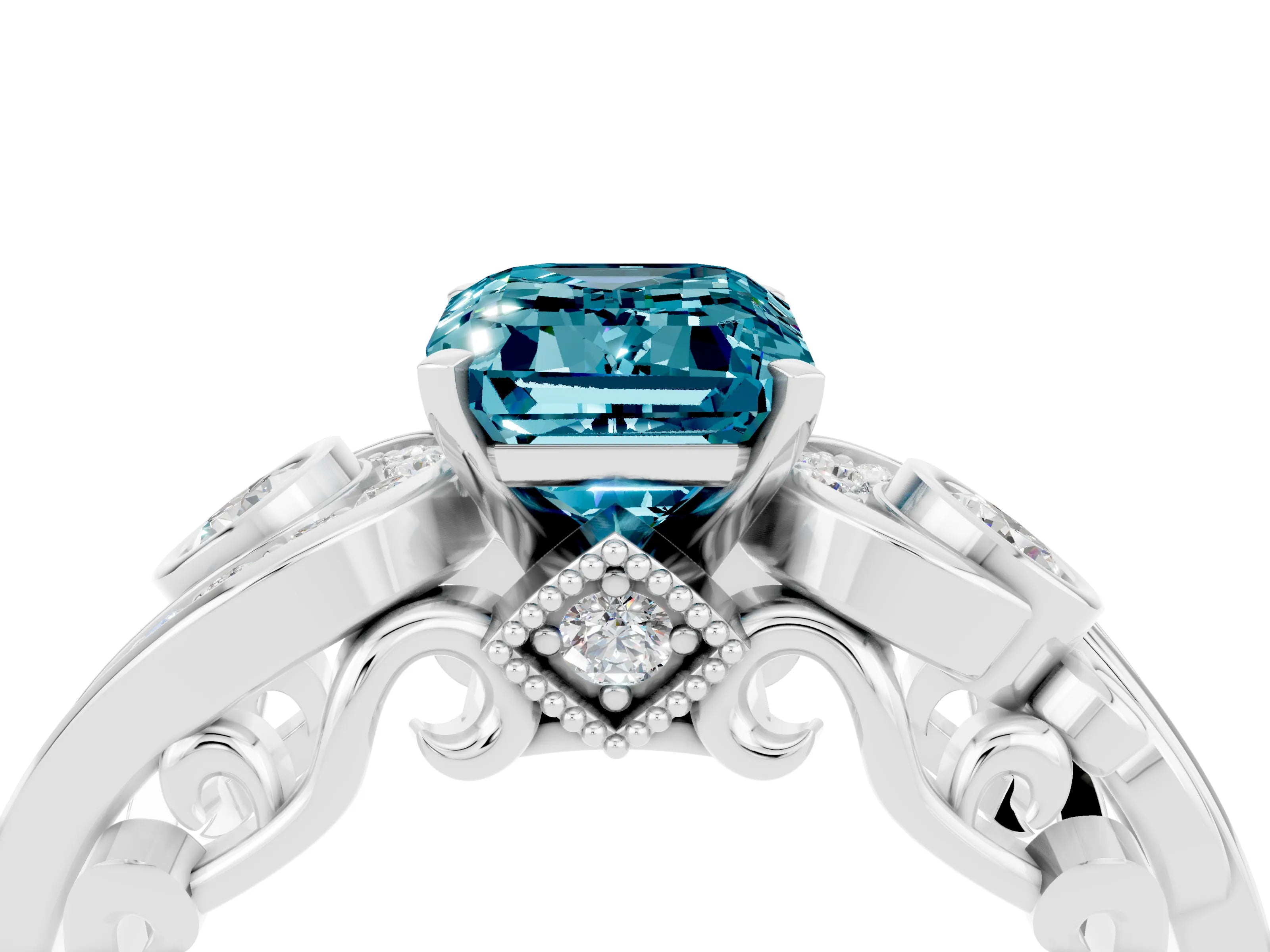 White gold Emerald Cut Blue Topaz Solitaire Ring with Milgrain Pavé Band and Four-Prong Setting_16