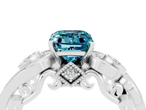 White gold Emerald Cut Blue Topaz Solitaire Ring with Milgrain Pavé Band and Four-Prong Setting_16