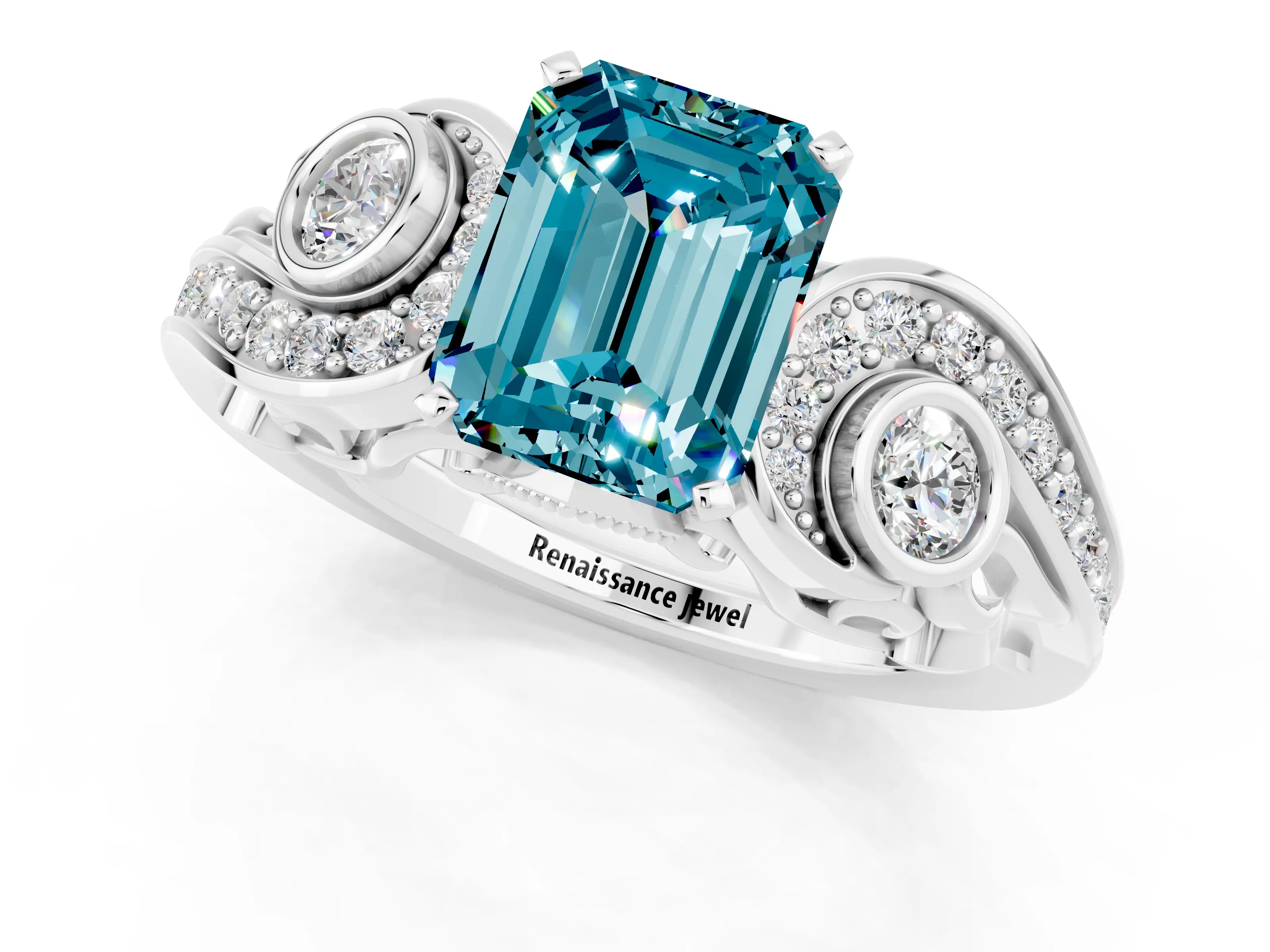 White gold Emerald Cut Blue Topaz Solitaire Ring with Milgrain Pavé Band and Four-Prong Setting_49