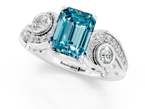 White gold Emerald Cut Blue Topaz Solitaire Ring with Milgrain Pavé Band and Four-Prong Setting_49