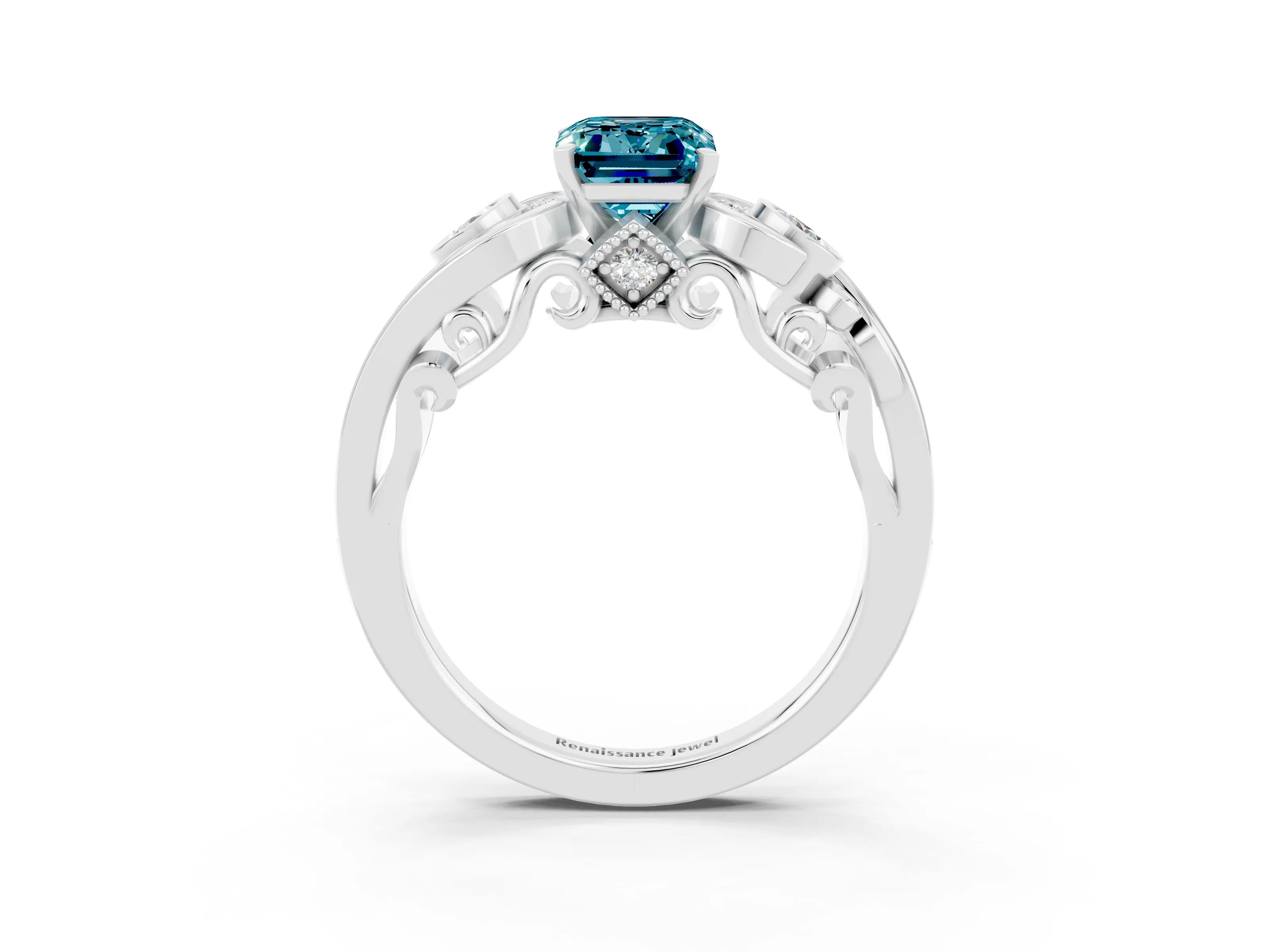 White gold Emerald Cut Blue Topaz Solitaire Ring with Milgrain Pavé Band and Four-Prong Setting_51