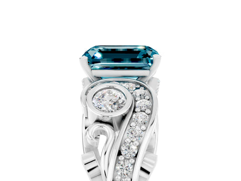 White gold Emerald Cut Blue Topaz Solitaire Ring with Milgrain Pavé Band and Four-Prong Setting_53