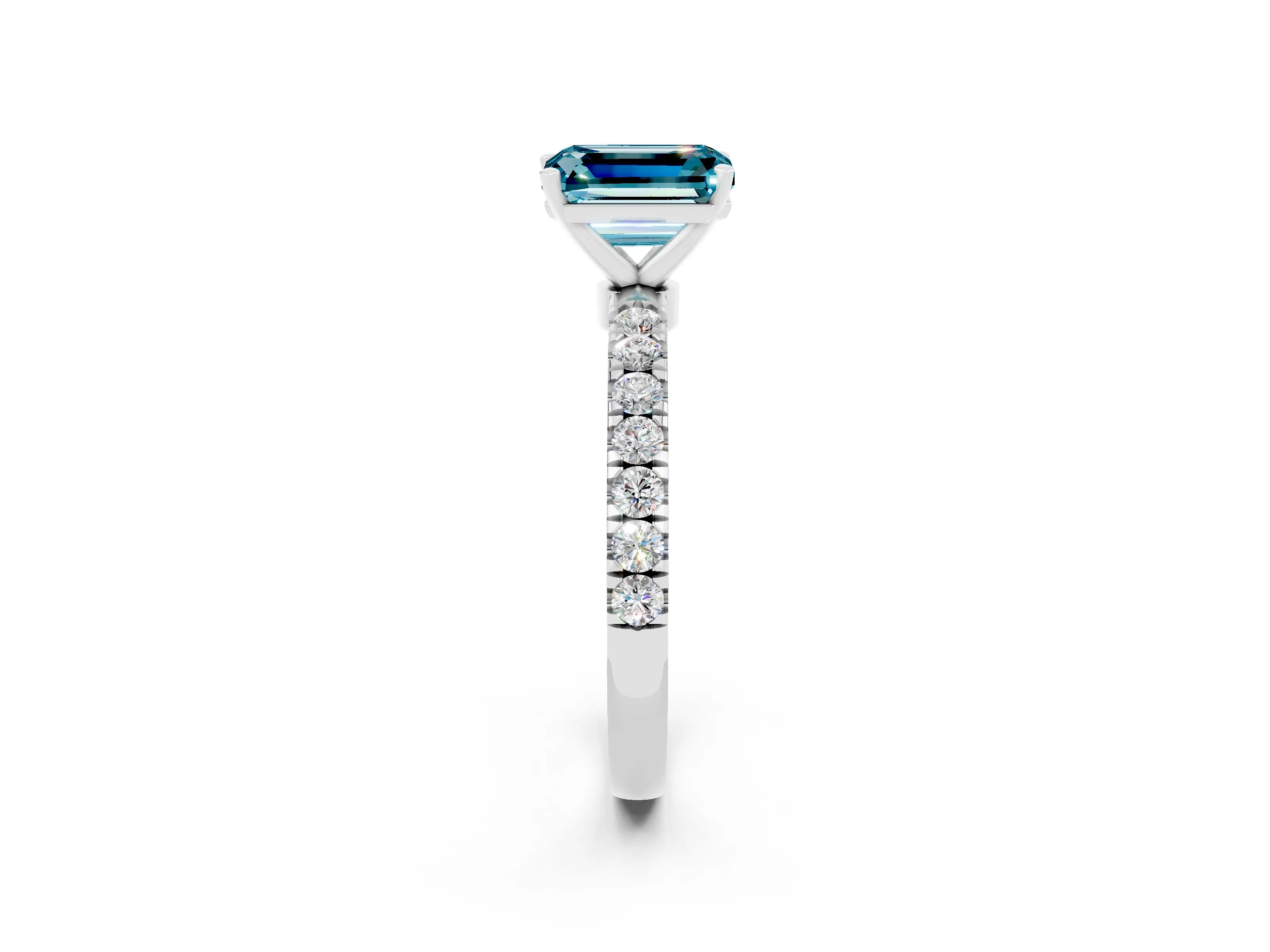 White gold Emerald Cut Blue Topaz Solitaire Ring with Pavé Accents and Four-Prong Setting_2