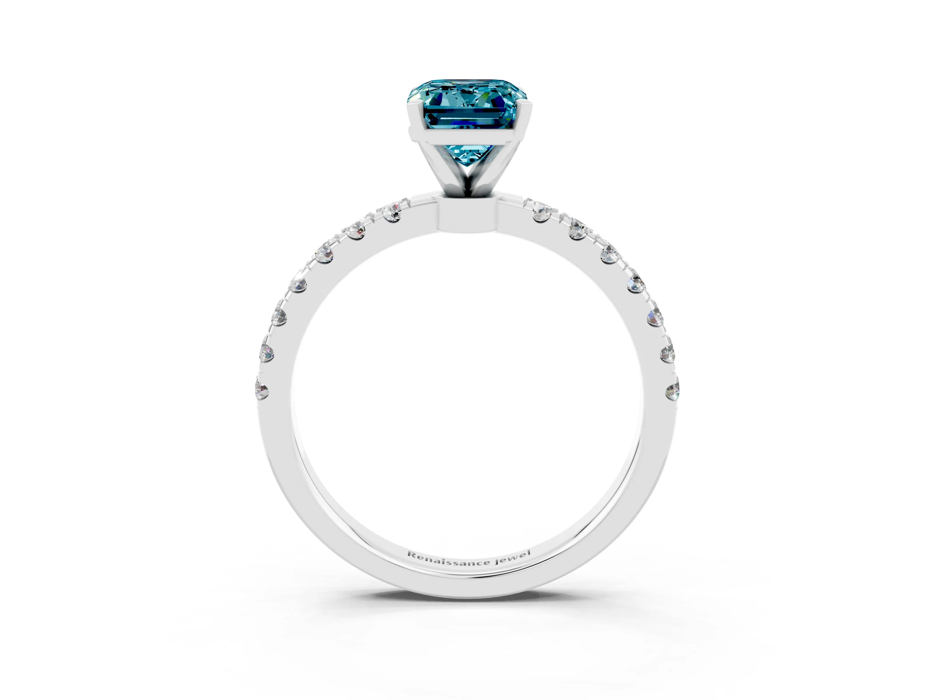White gold Emerald Cut Blue Topaz Solitaire Ring with Pavé Accents and Four-Prong Setting_3