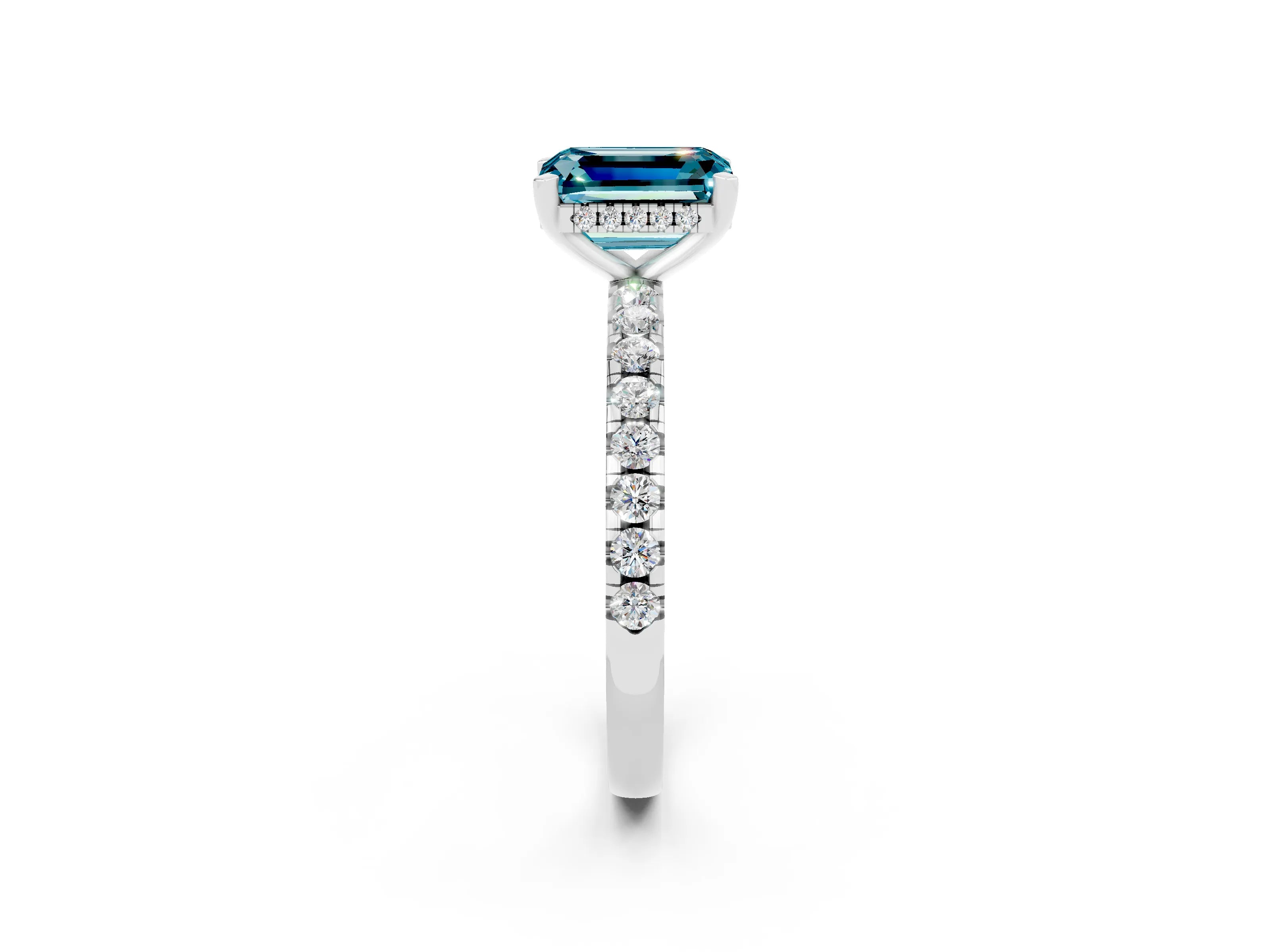 White gold Emerald Cut Blue Topaz Solitaire Ring with Pavé Band and Four-Prong Setting_38