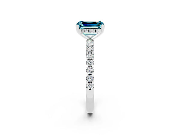 White gold Emerald Cut Blue Topaz Solitaire Ring with Round  Pavé Band and Four-Prong Setting