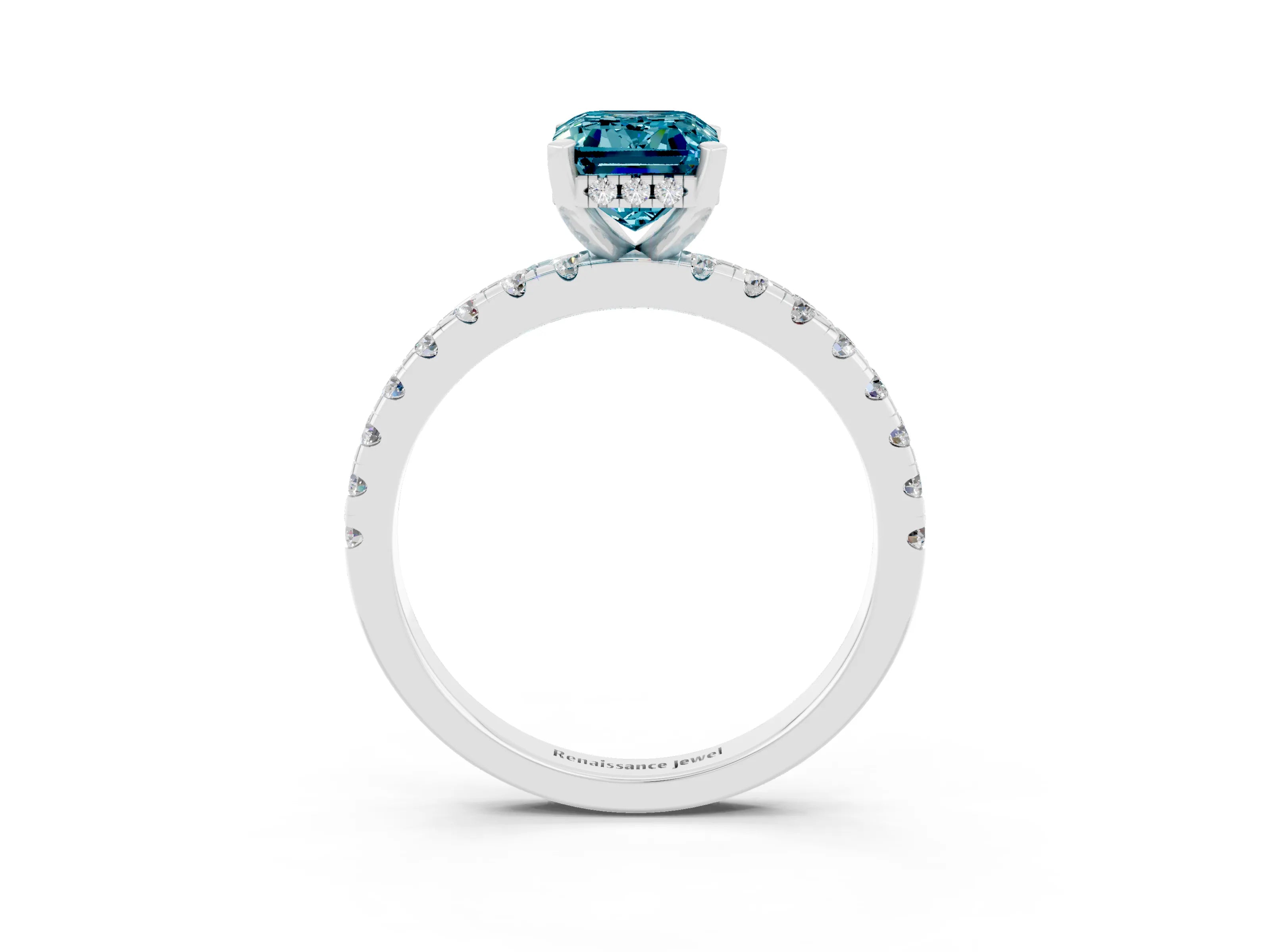 White gold Emerald Cut Blue Topaz Solitaire Ring with Pavé Band and Four-Prong Setting_39
