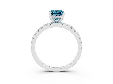 White gold Emerald Cut Blue Topaz Solitaire Ring with Pavé Band and Four-Prong Setting_39