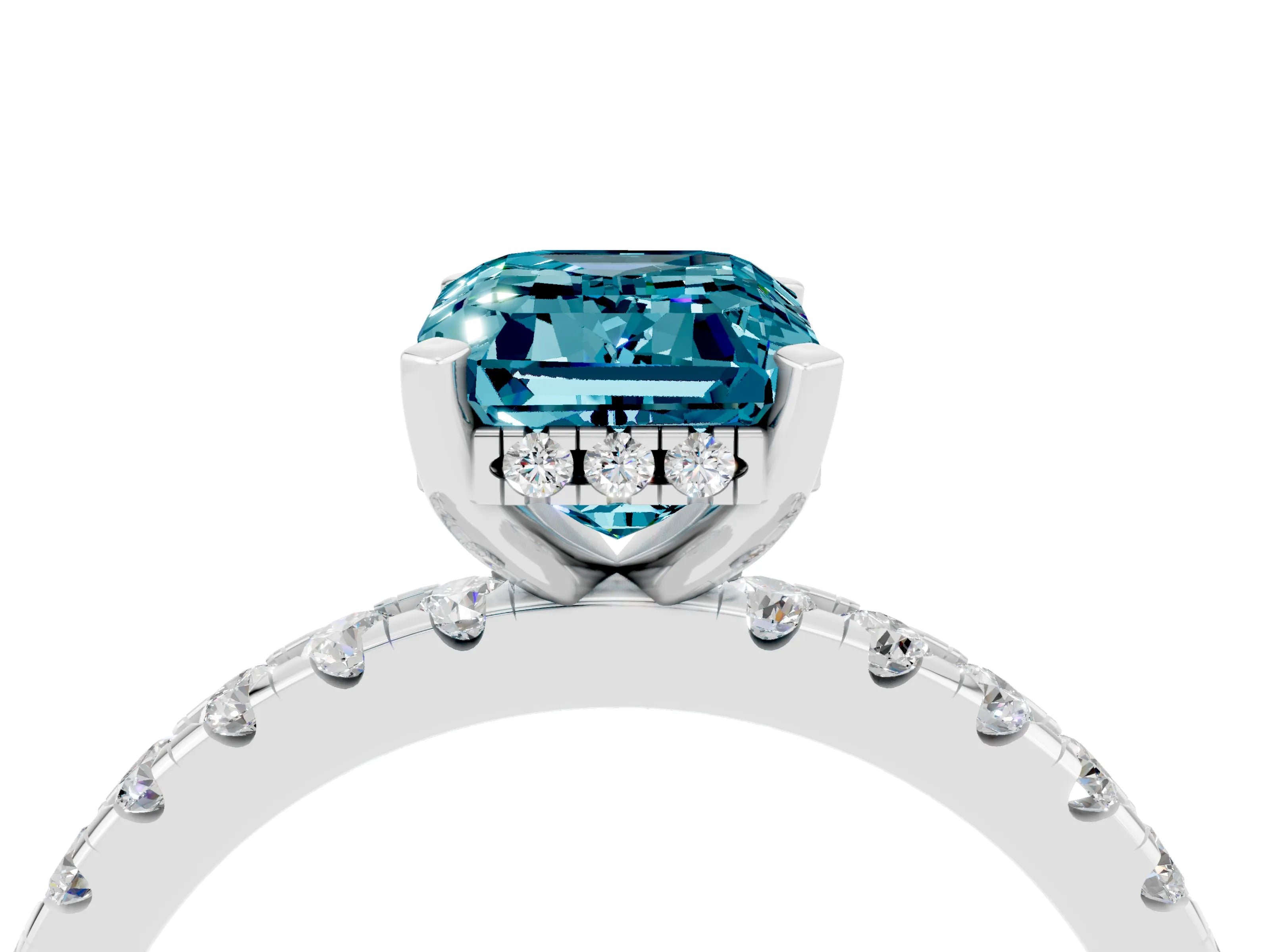 White gold Emerald Cut Blue Topaz Solitaire Ring with Pavé Band and Four-Prong Setting_40