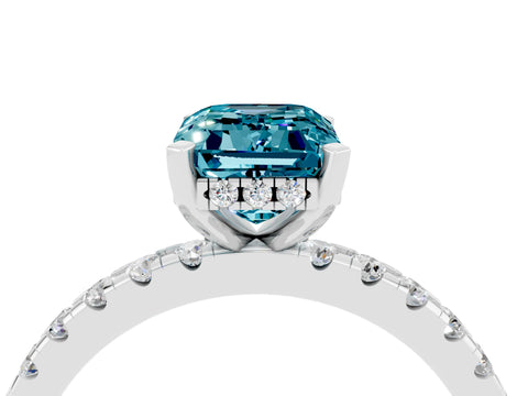 White gold Emerald Cut Blue Topaz Solitaire Ring with Pavé Band and Four-Prong Setting_40